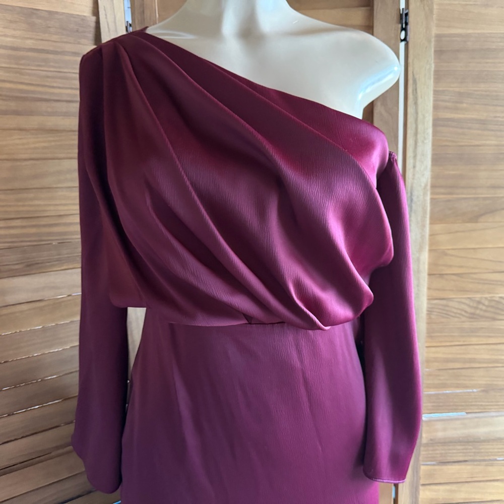 One-Shoulder Burgundy Maxi Dress with Long Sleeve - Picture 2 of 16